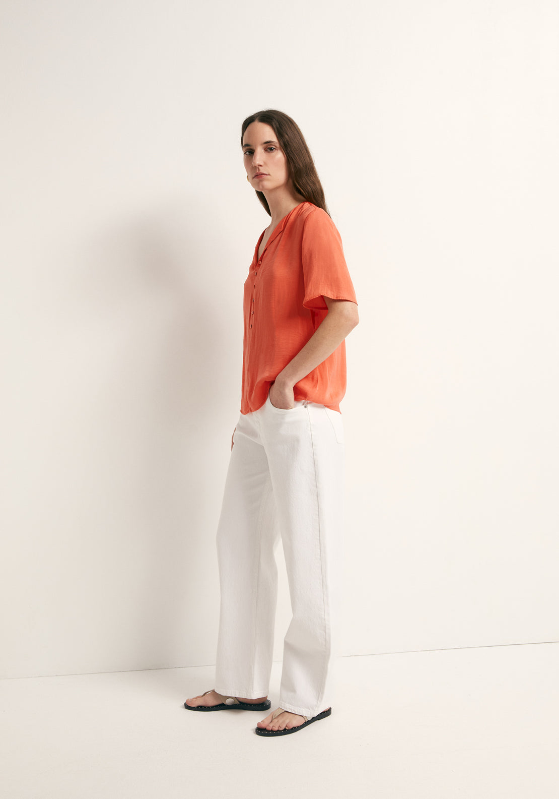 Relaxed Top Button Detail Blouse - Coral