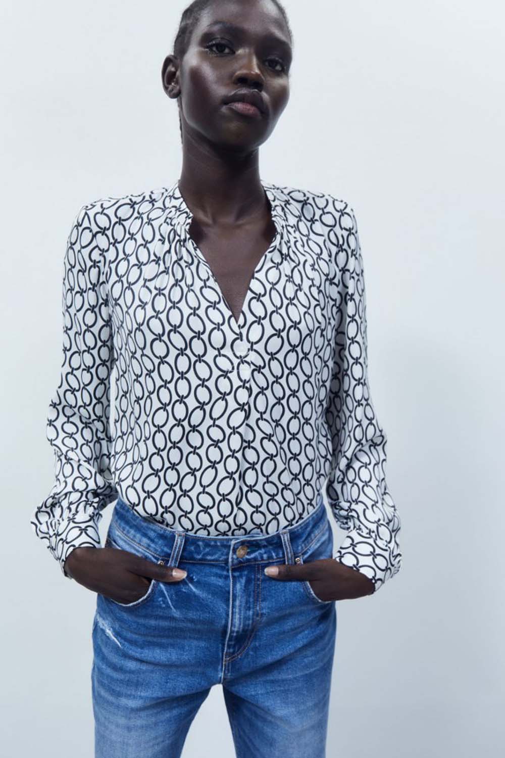 Printed loose-fit blouse - White