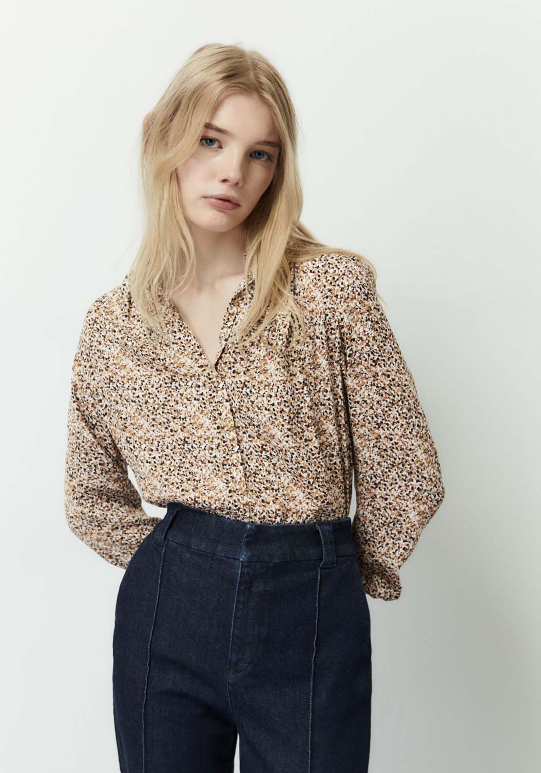 Sfera Printed loose-fit blouse - Camel 1 Shaws Department Stores