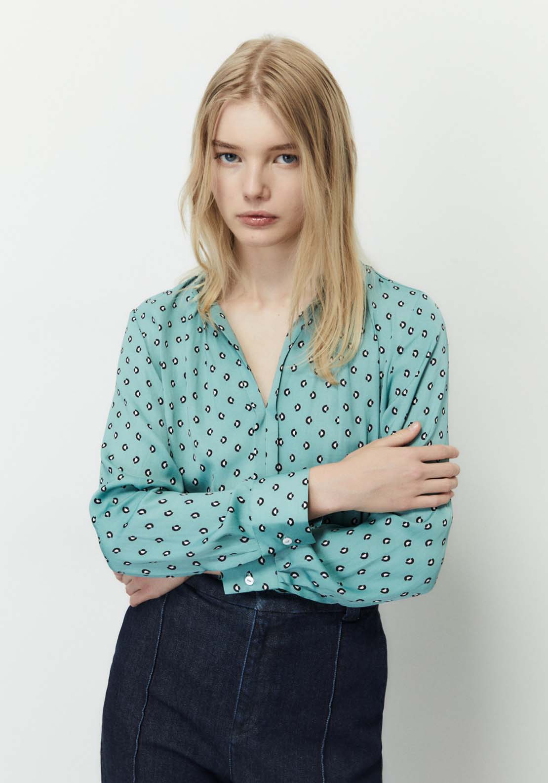 Sfera Printed loose-fit blouse - Light Green 1 Shaws Department Stores