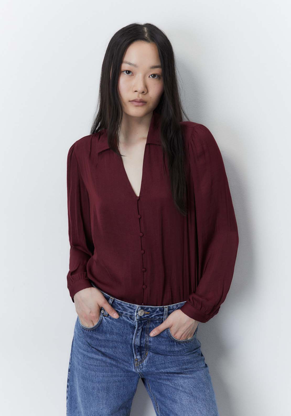 Sfera Buttons blouse - Burgundy 1 Shaws Department Stores