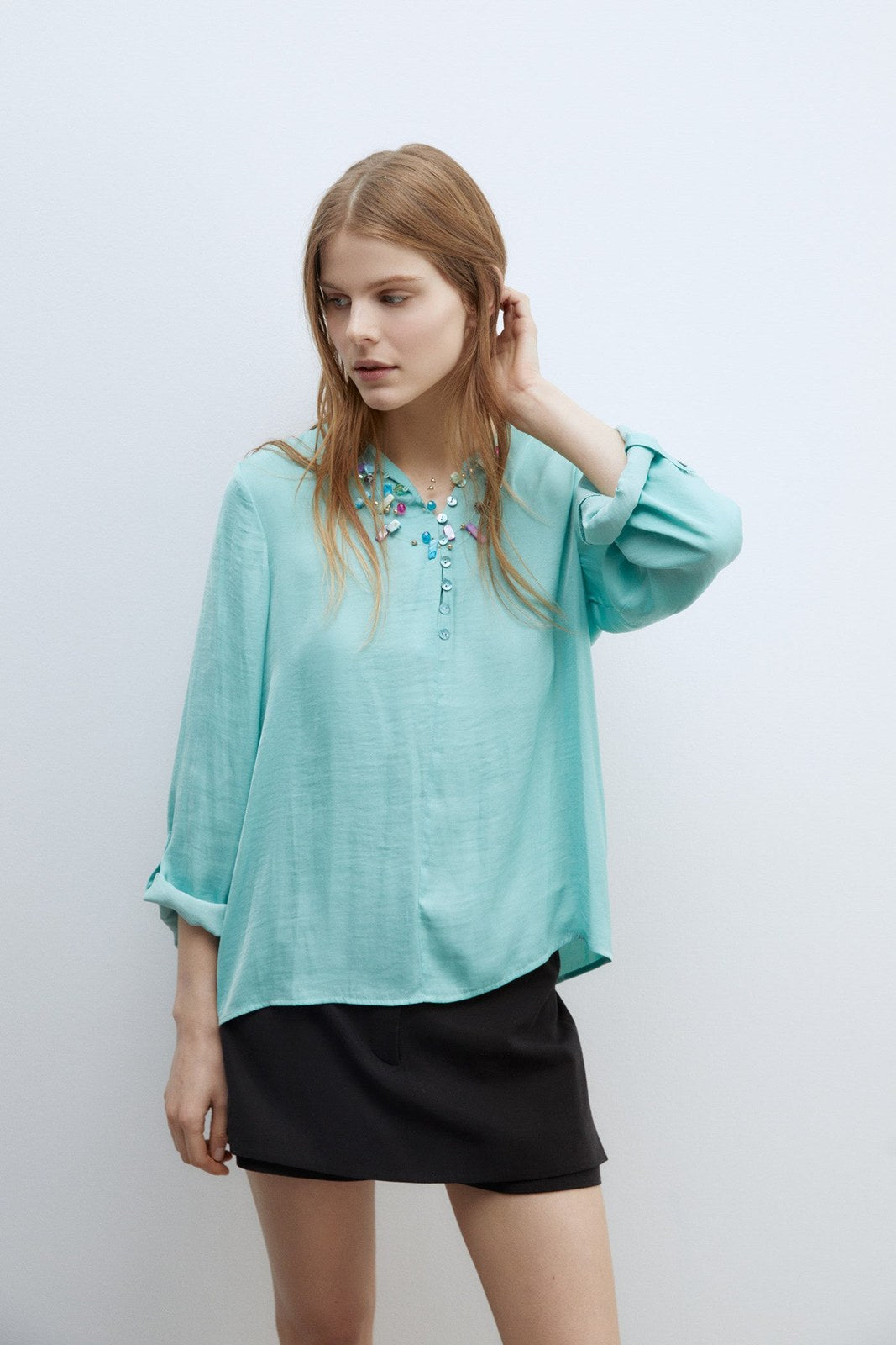 Sfera Buttons loose-fit blouse - Green 1 Shaws Department Stores
