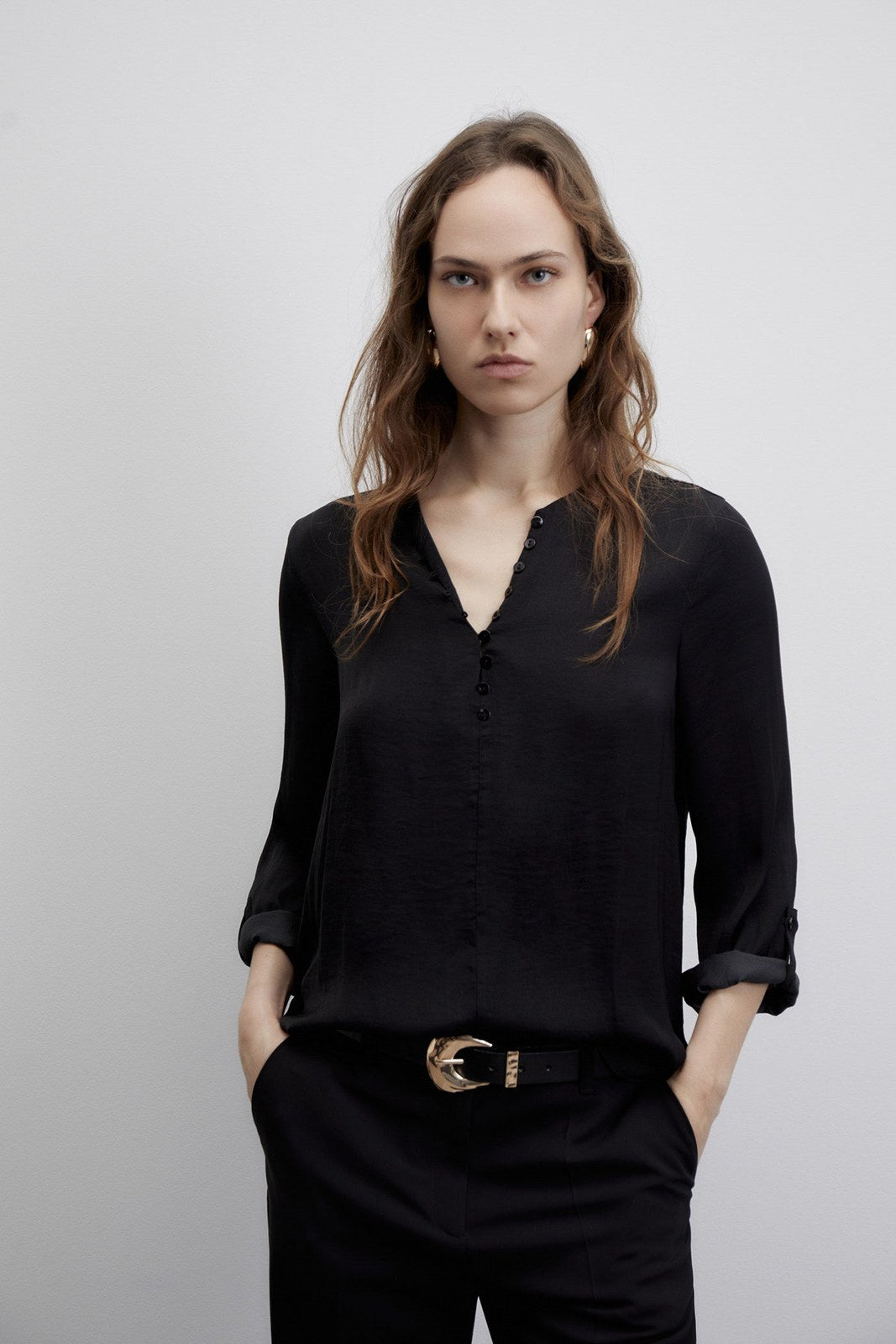 Sfera Buttons loose-fit blouse - Black 1 Shaws Department Stores