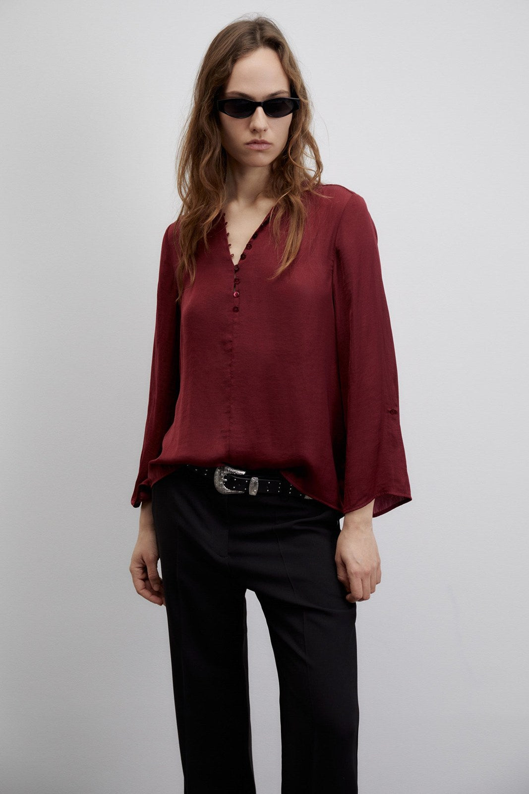 Sfera Buttons loose-fit blouse - Burgundy 1 Shaws Department Stores