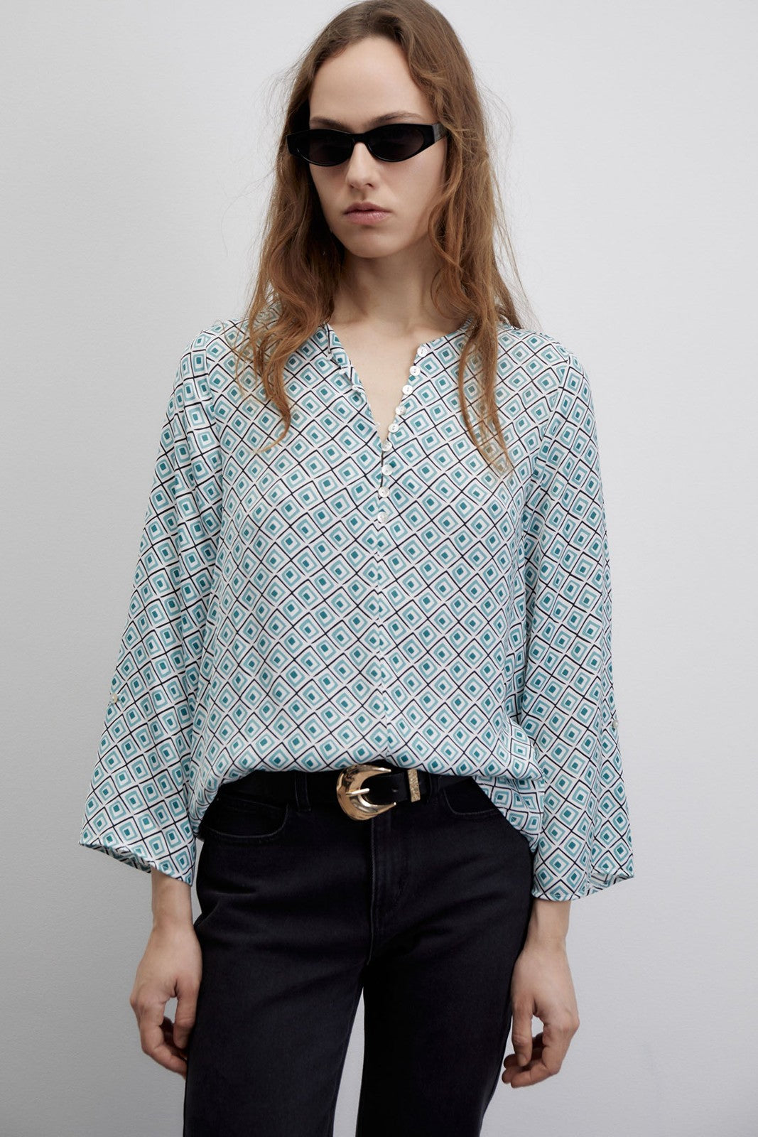 Sfera Printed loose-fit blouse - Green 1 Shaws Department Stores