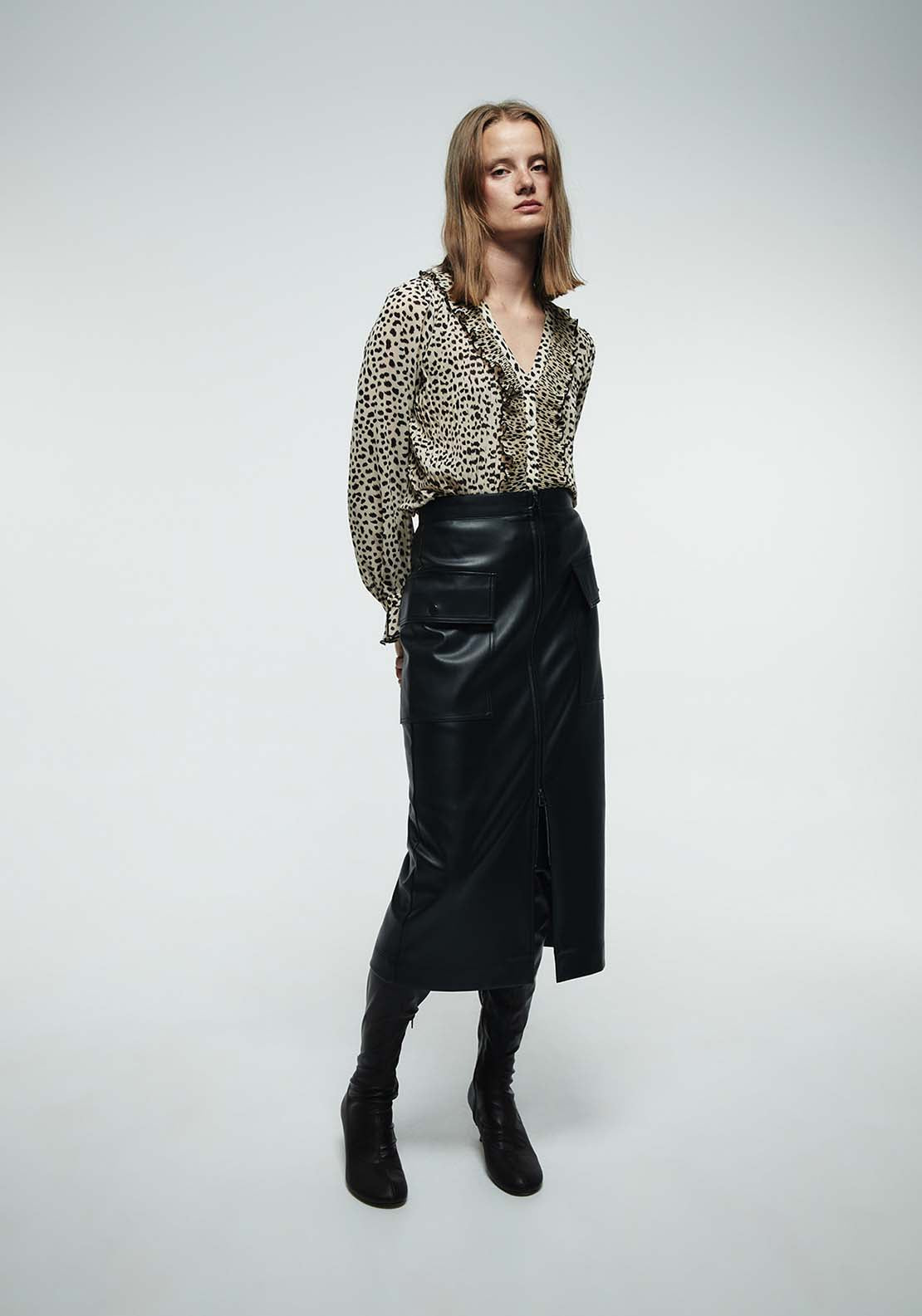 Pleated Ruffle Shirt - Brown