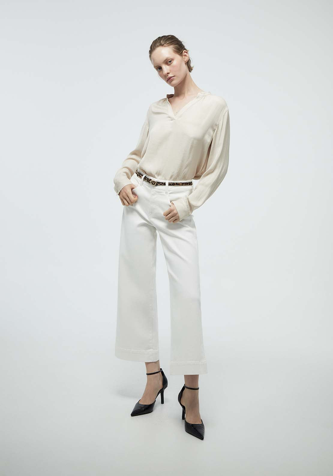 Plain Loose Fit Blouse - Beige