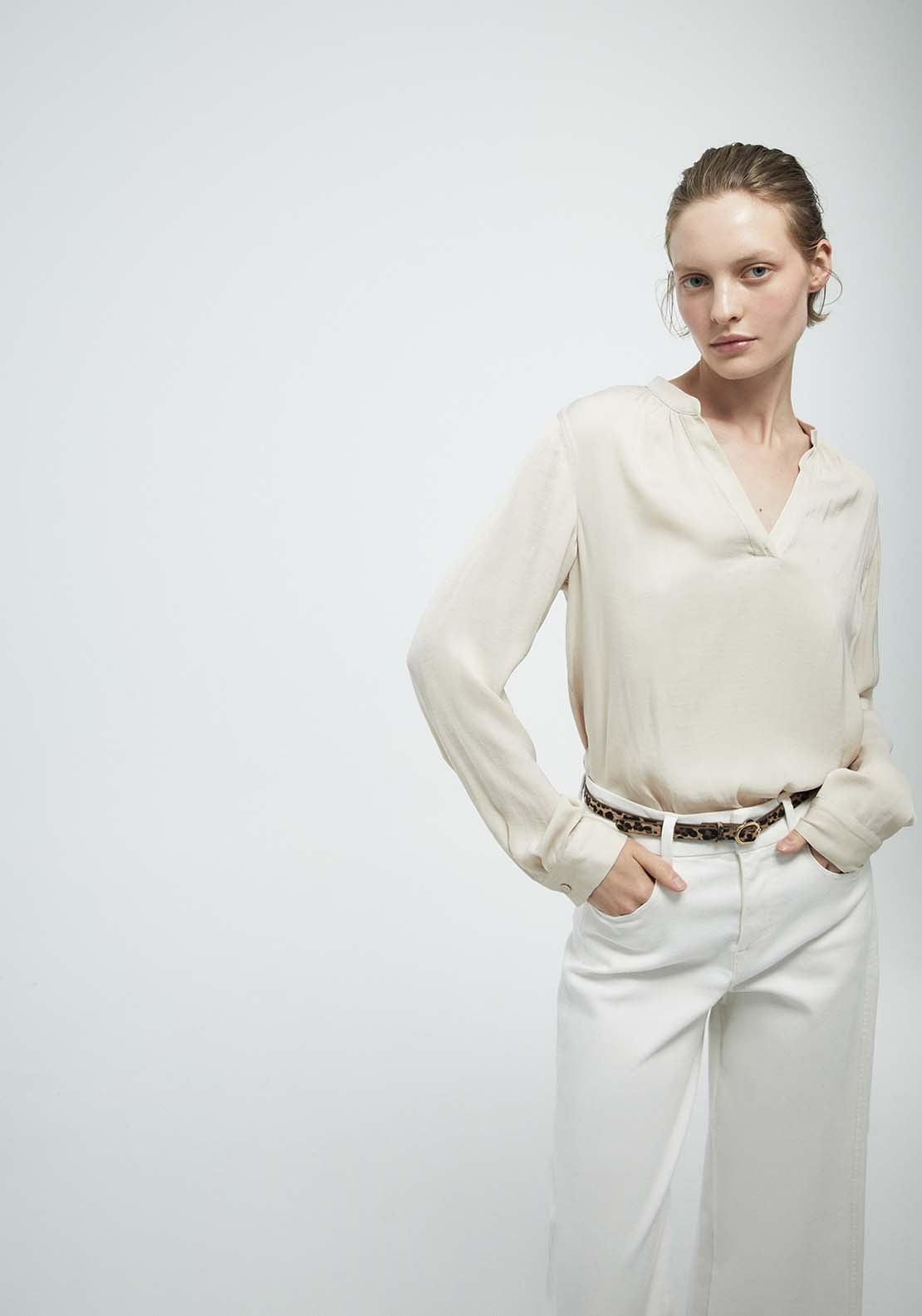 Plain Loose Fit Blouse - Beige