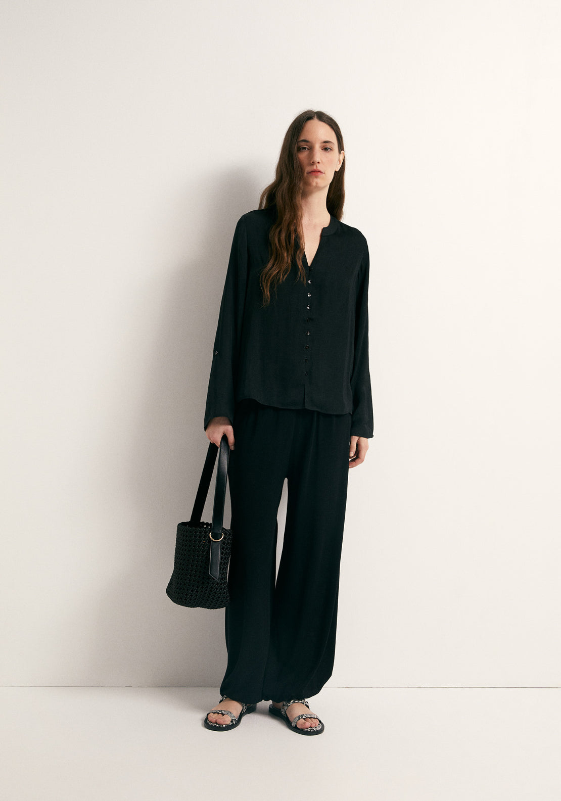 Buttons Loose Fit Blouse - Black