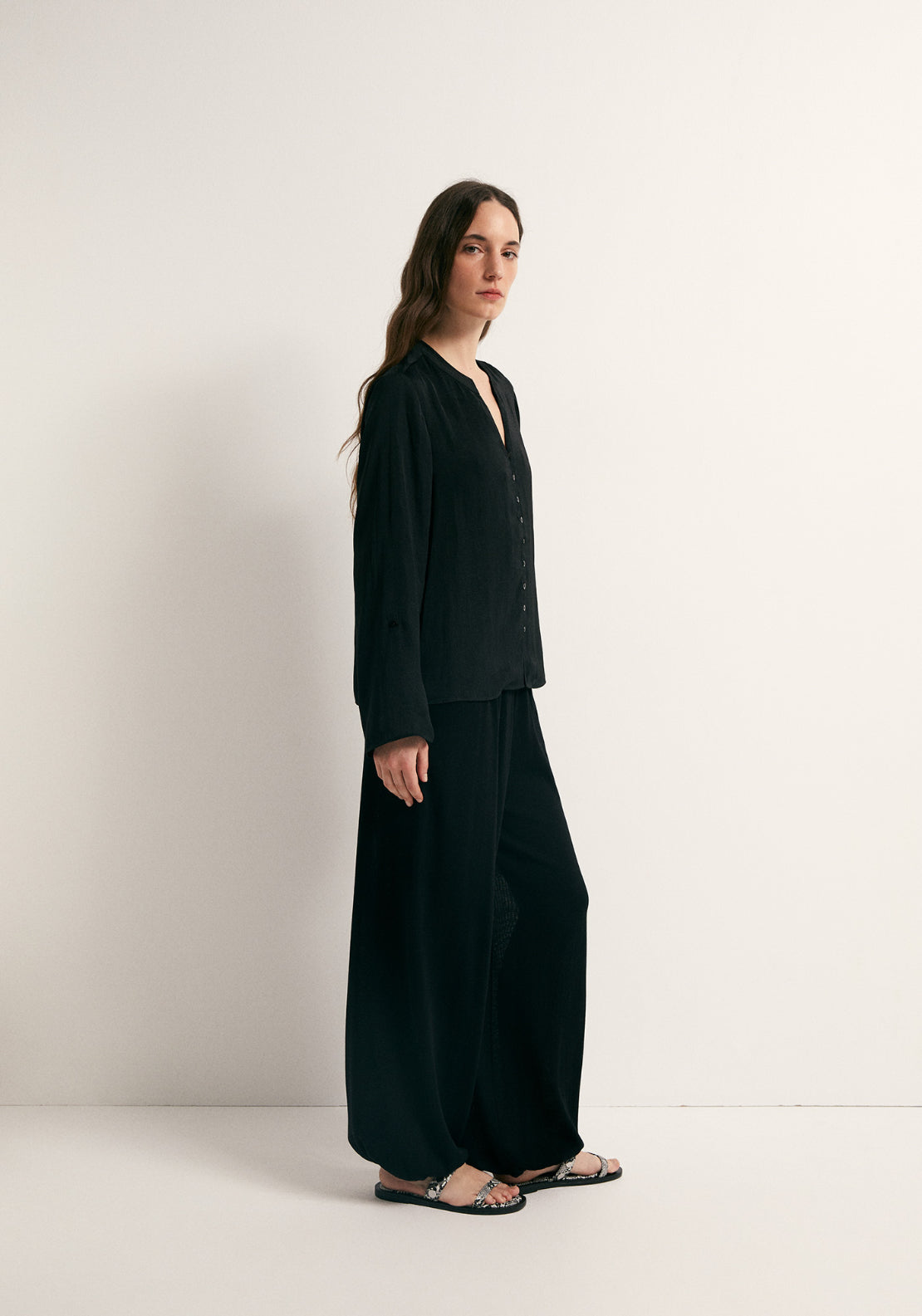 Buttons Loose Fit Blouse - Black