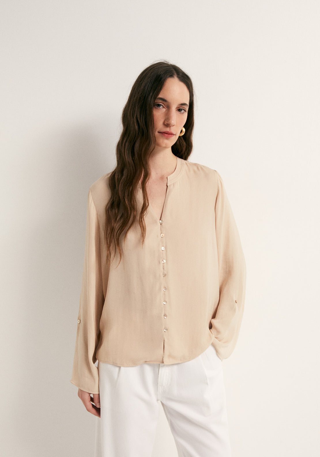 Buttons Loose Fit Blouse - Beige