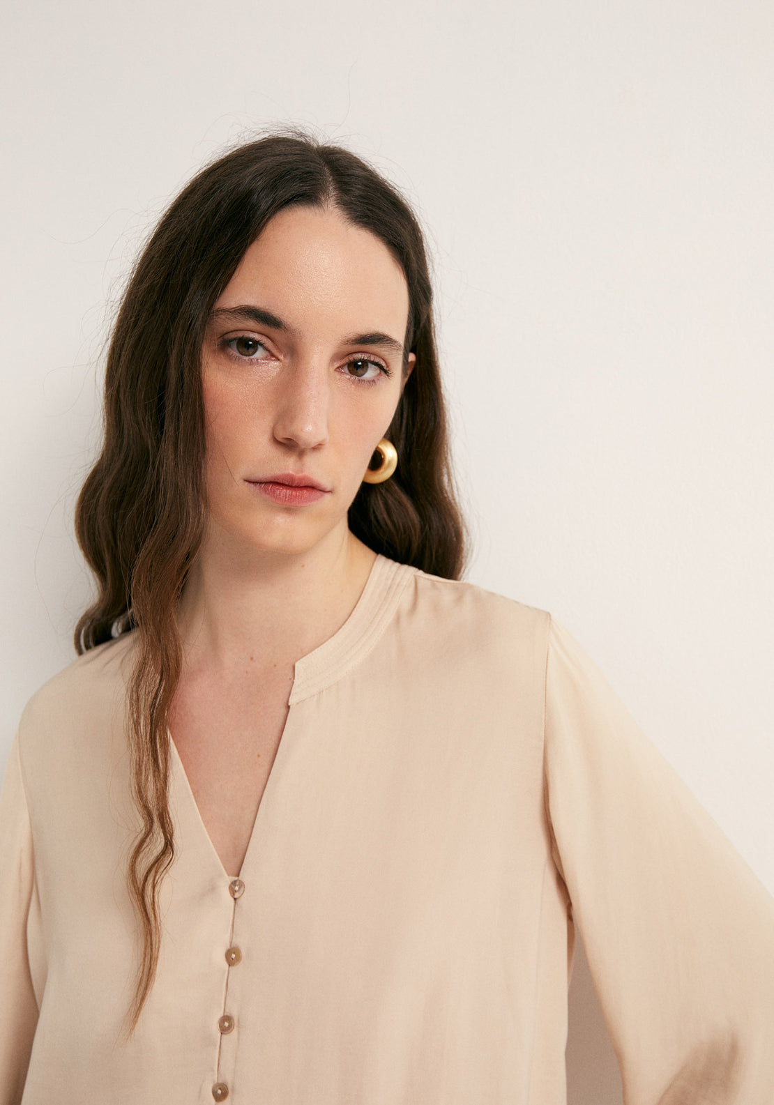 Buttons Loose Fit Blouse - Beige