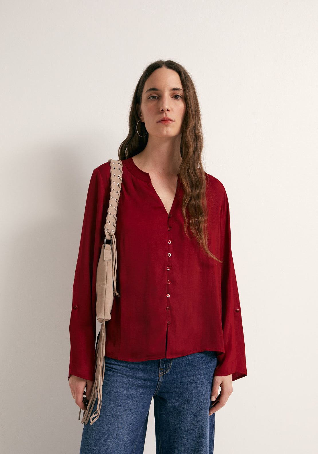 Buttons Loose Fit Blouse - Red