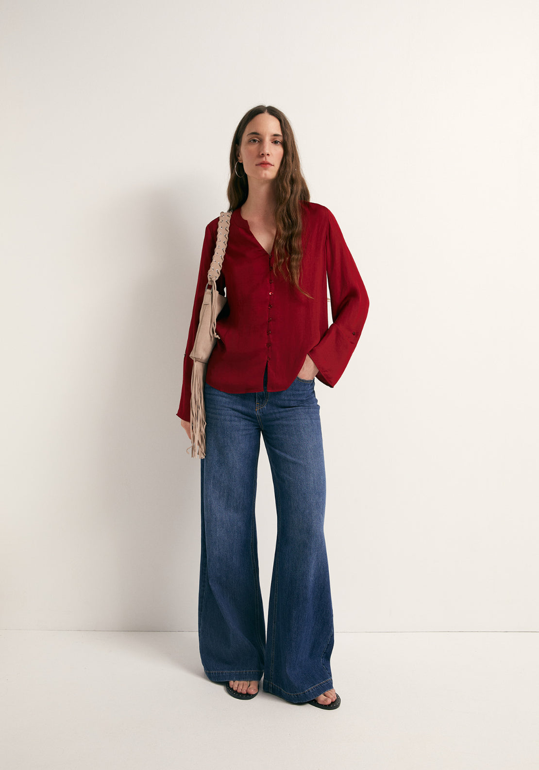 Buttons Loose Fit Blouse - Red