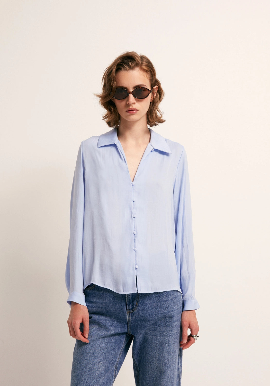 Button Front Camp Collar Shirt - Blue