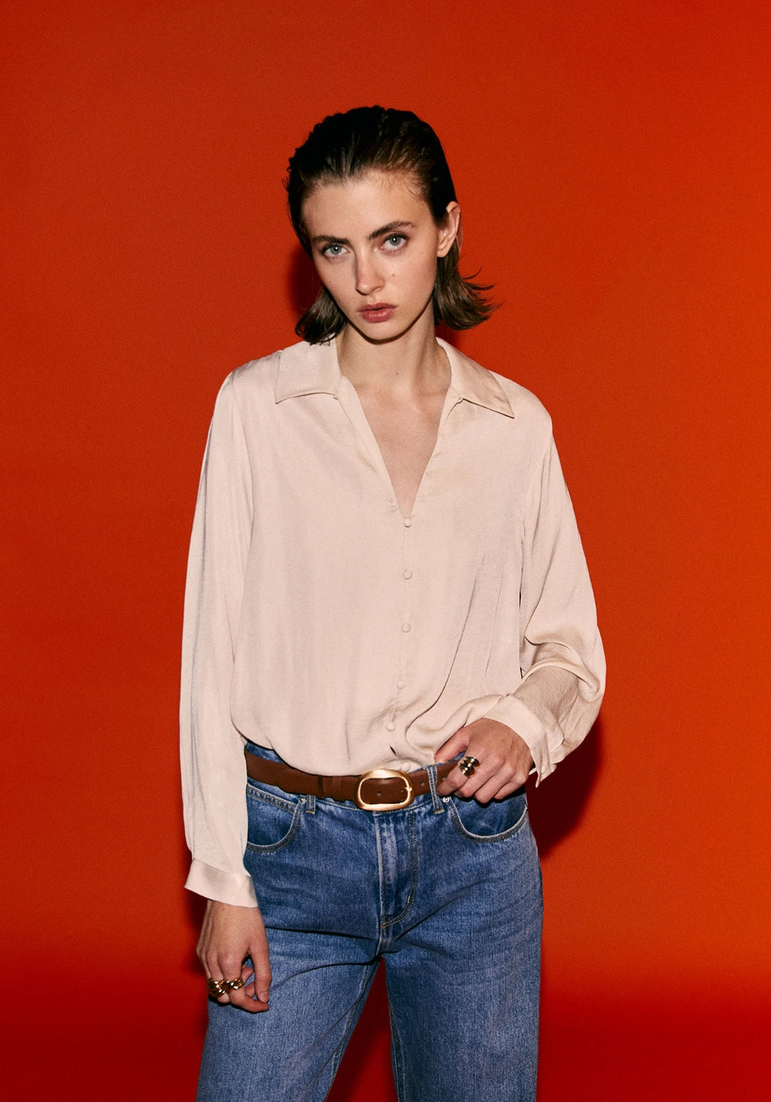 Button Front Camp Collar Shirt - Beige