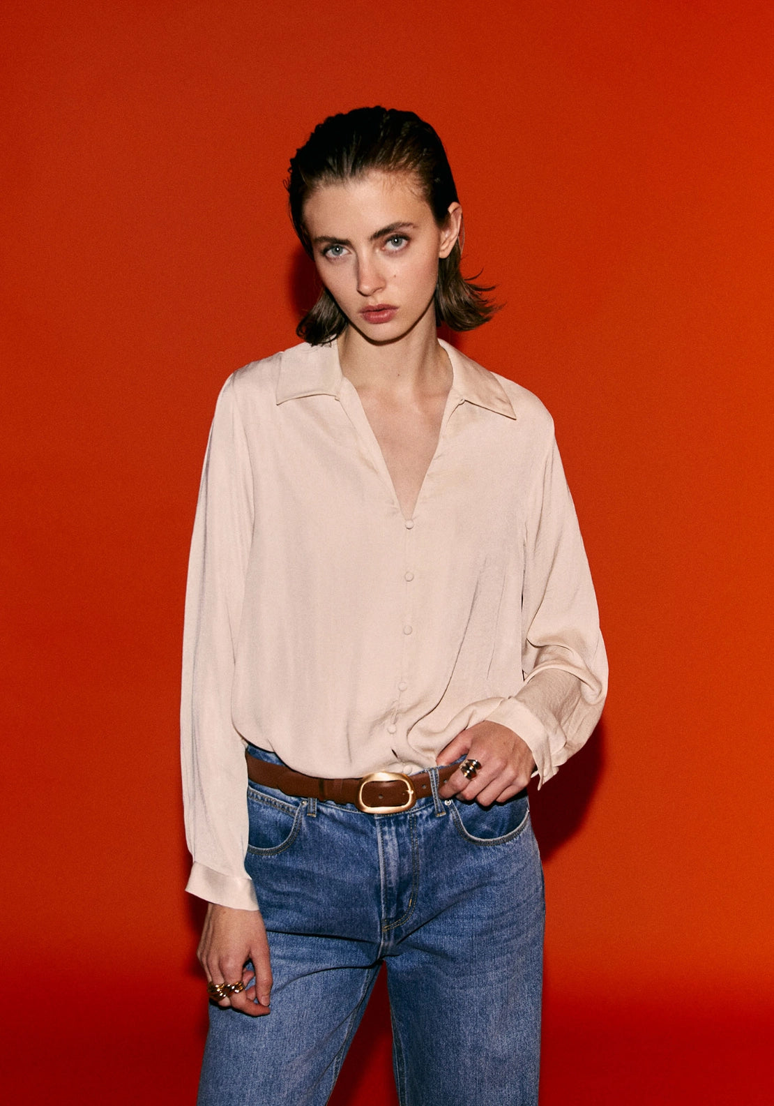 Button Front Camp Collar Shirt - Beige