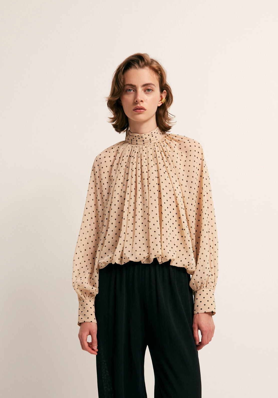 Bubble Hem Polka Dot Top - Beige