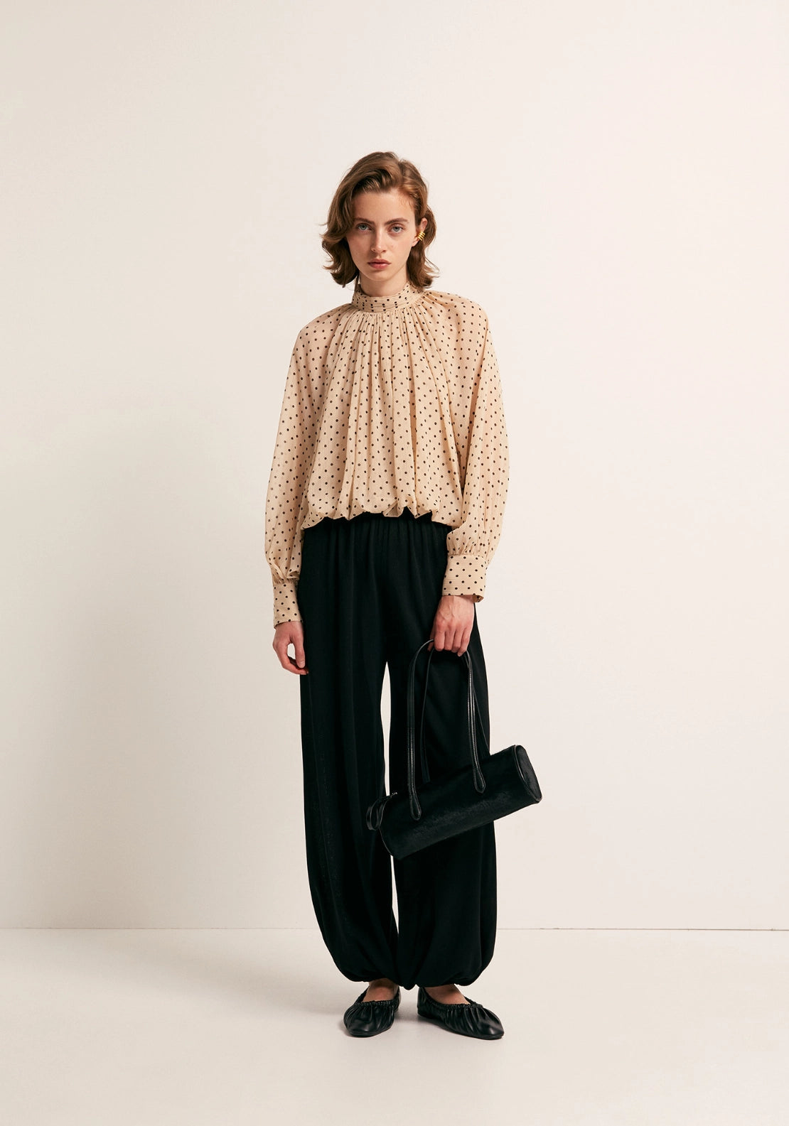 Bubble Hem Polka Dot Top - Beige