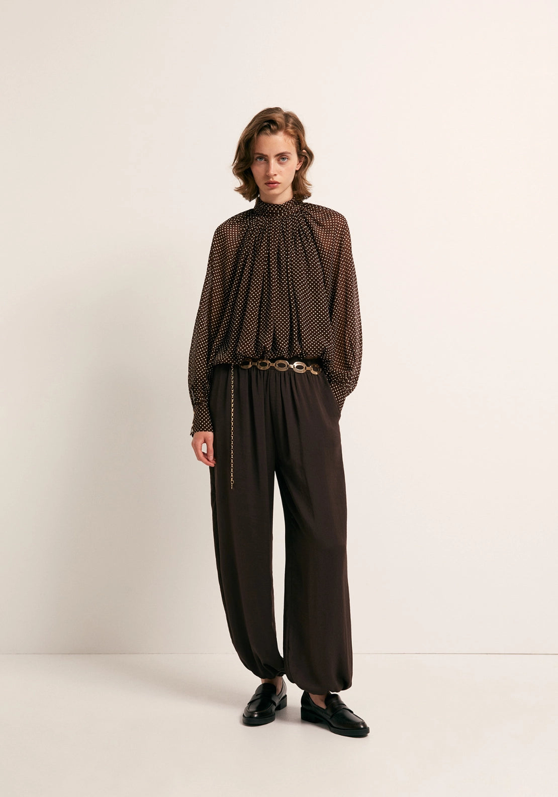 Bubble Hem Polka Dot Top - Brown