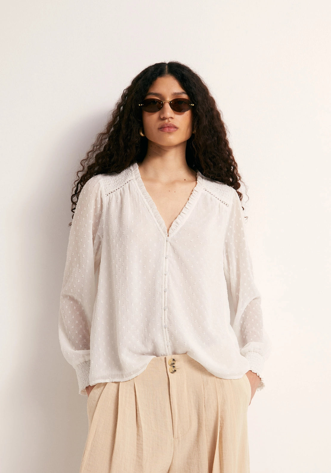 Button Front Swiss Dot Blouse - White
