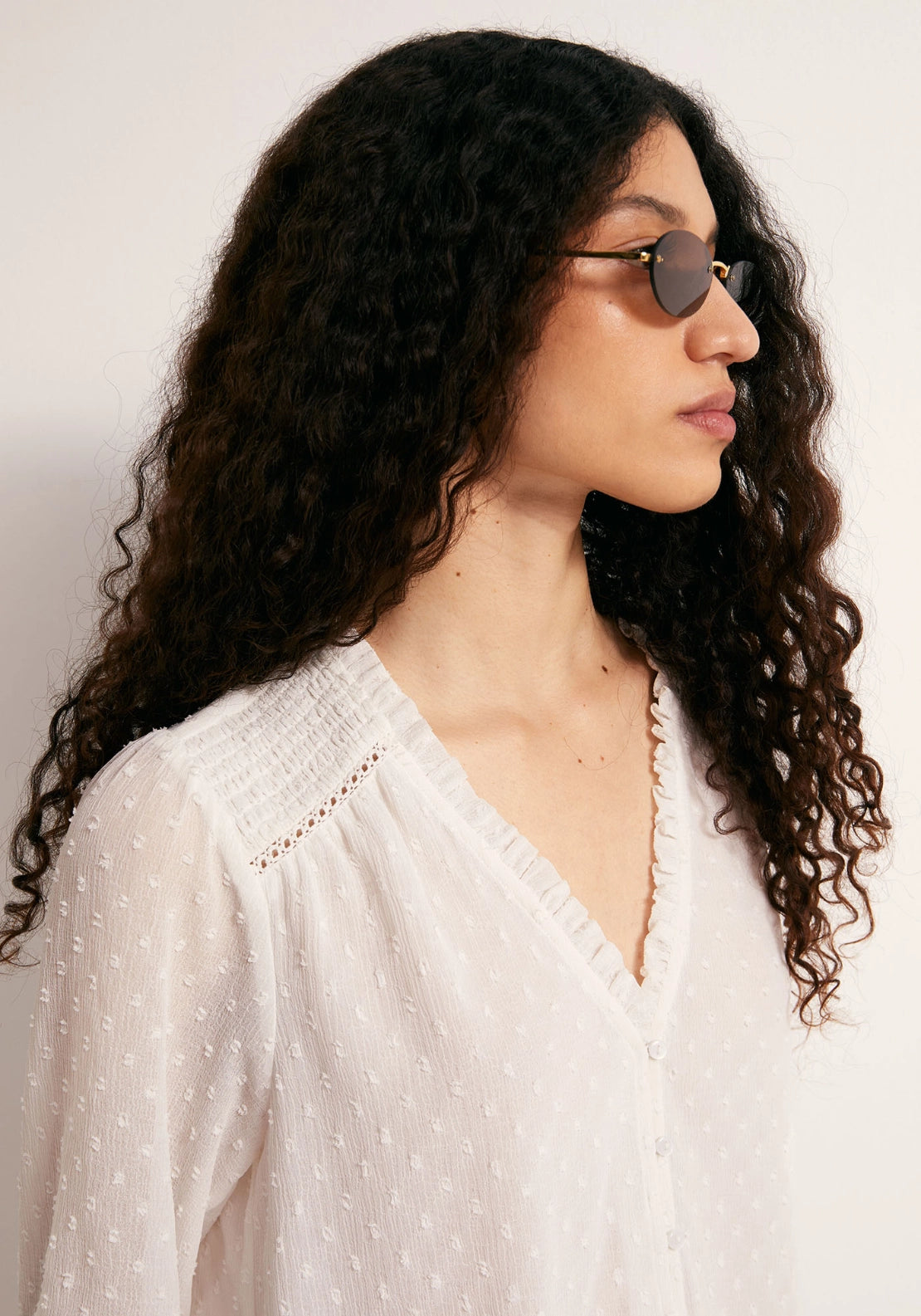 Button Front Swiss Dot Blouse - White