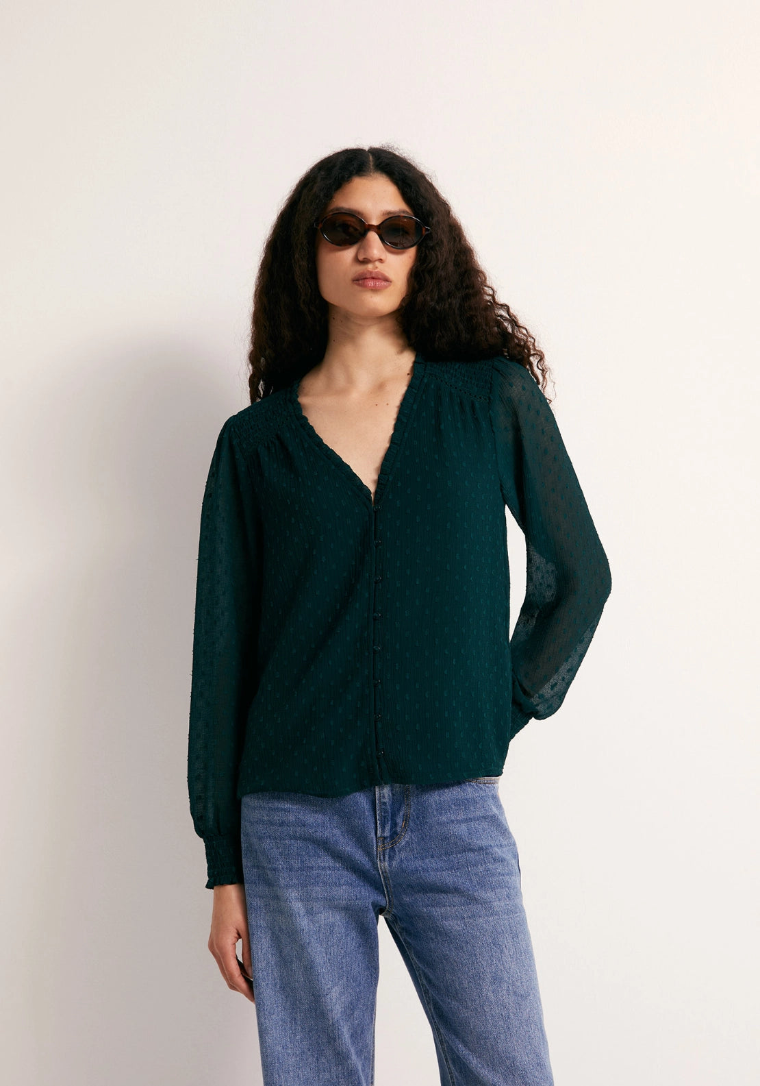 Button Front Swiss Dot Blouse - Green