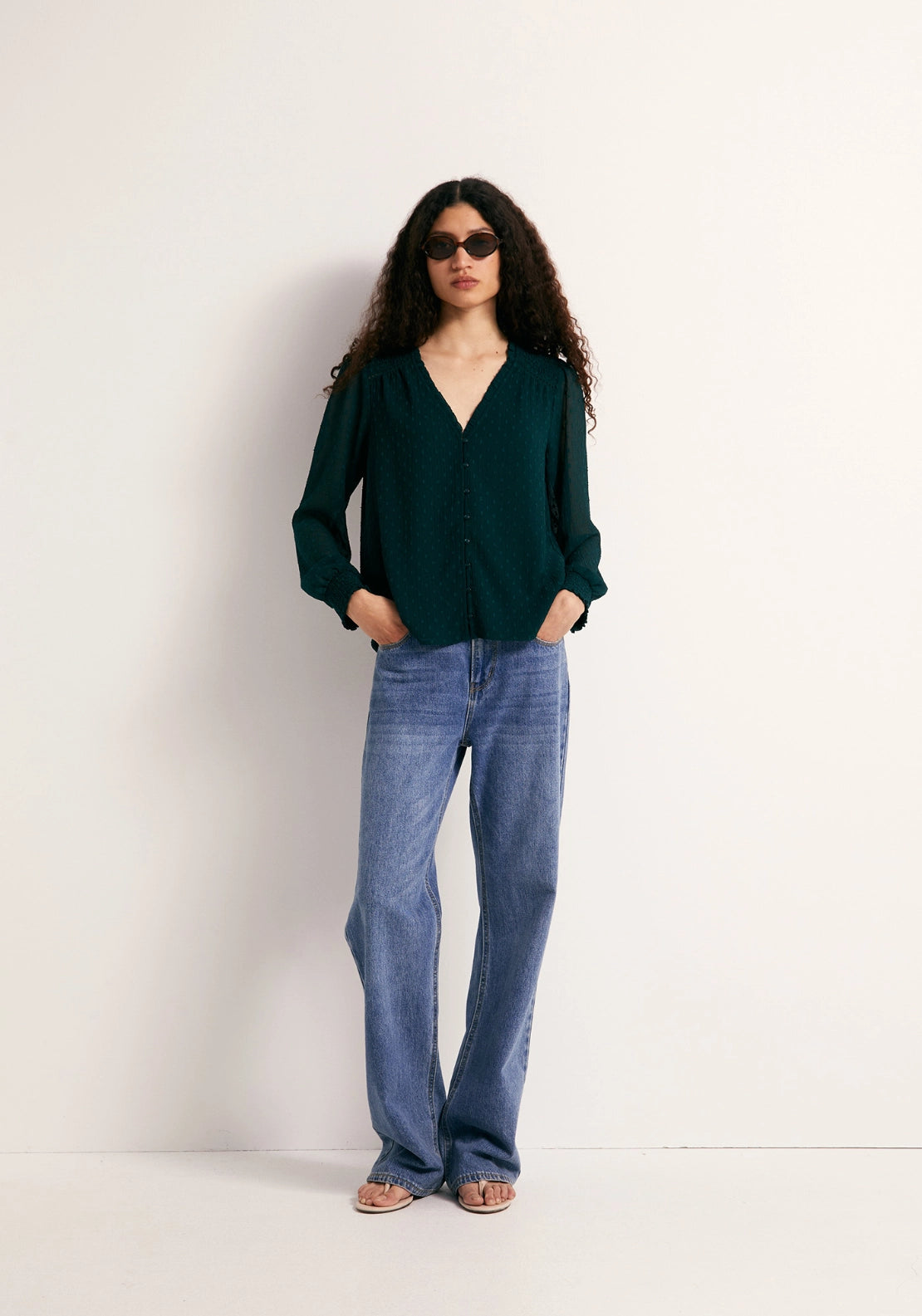 Button Front Swiss Dot Blouse - Green