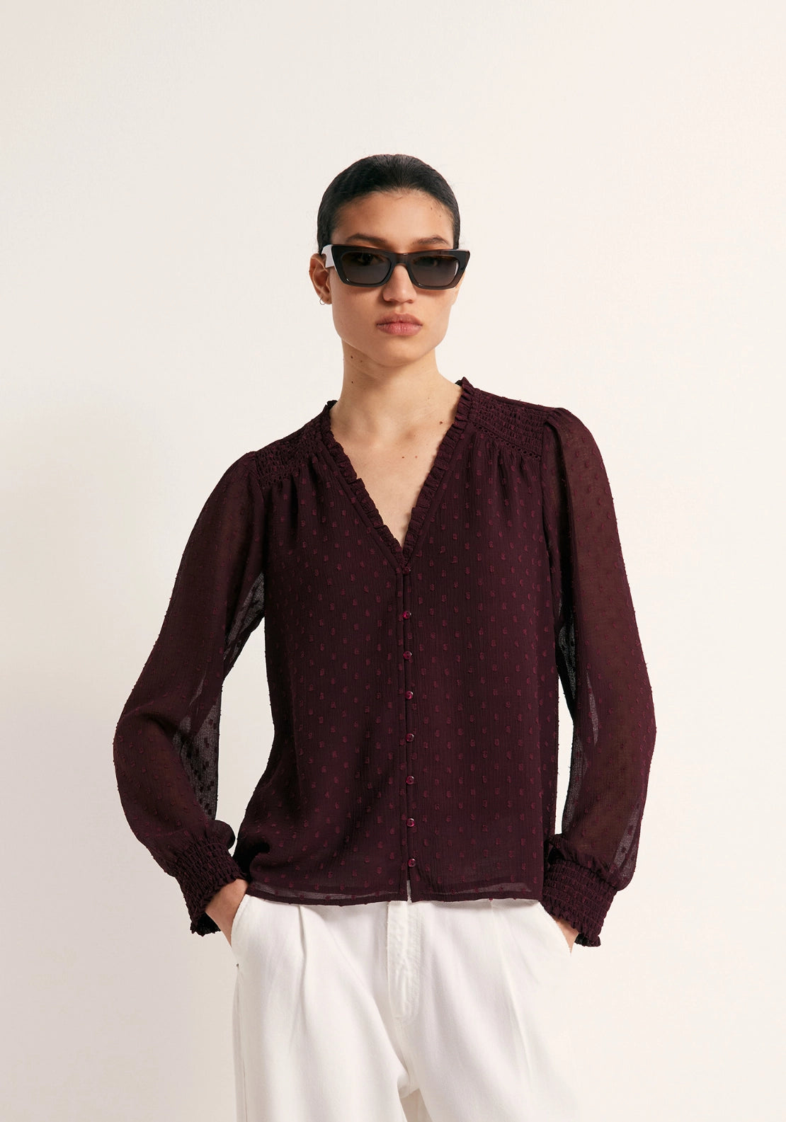 Button Front Swiss Dot Blouse - Red
