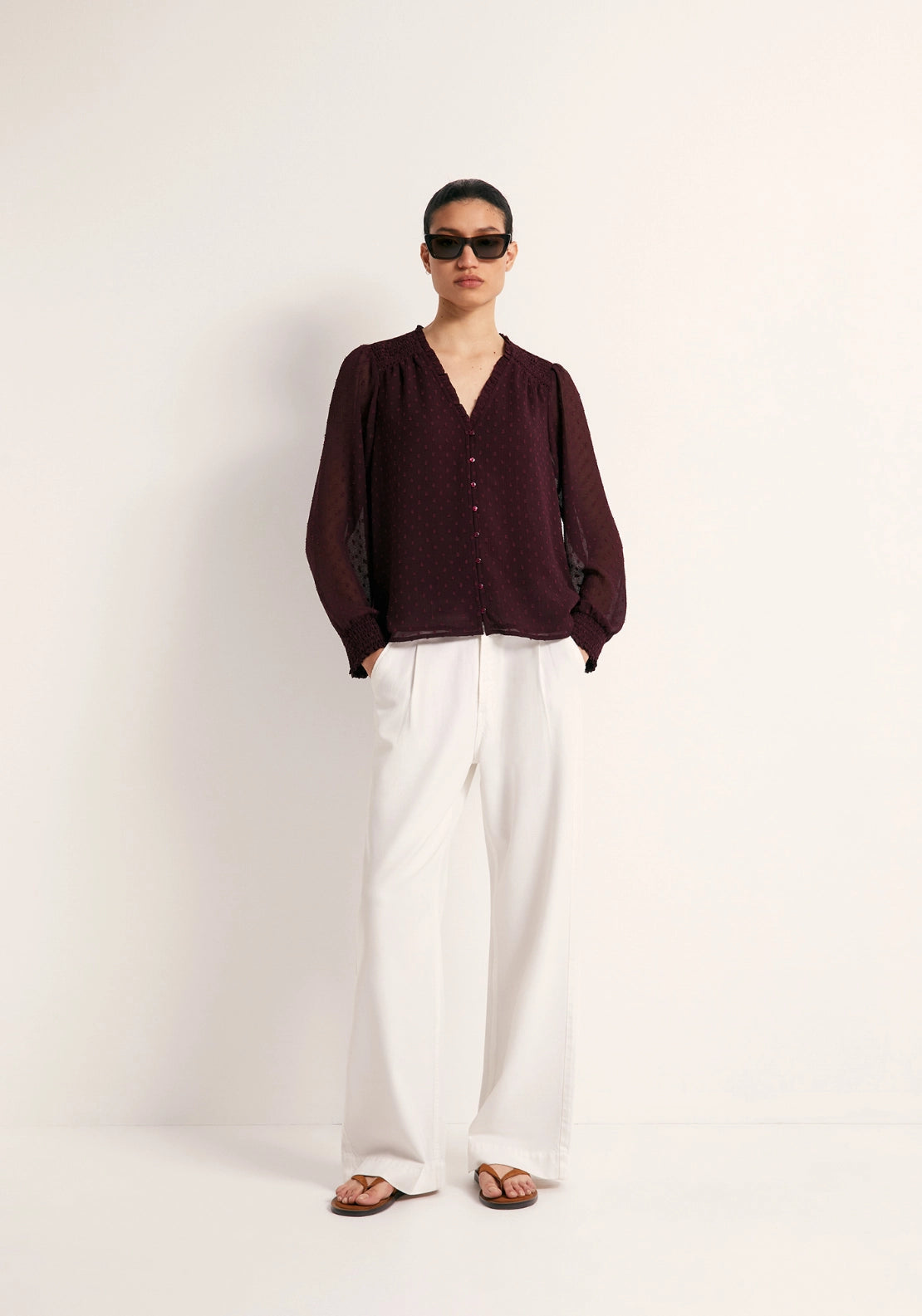 Button Front Swiss Dot Blouse - Red