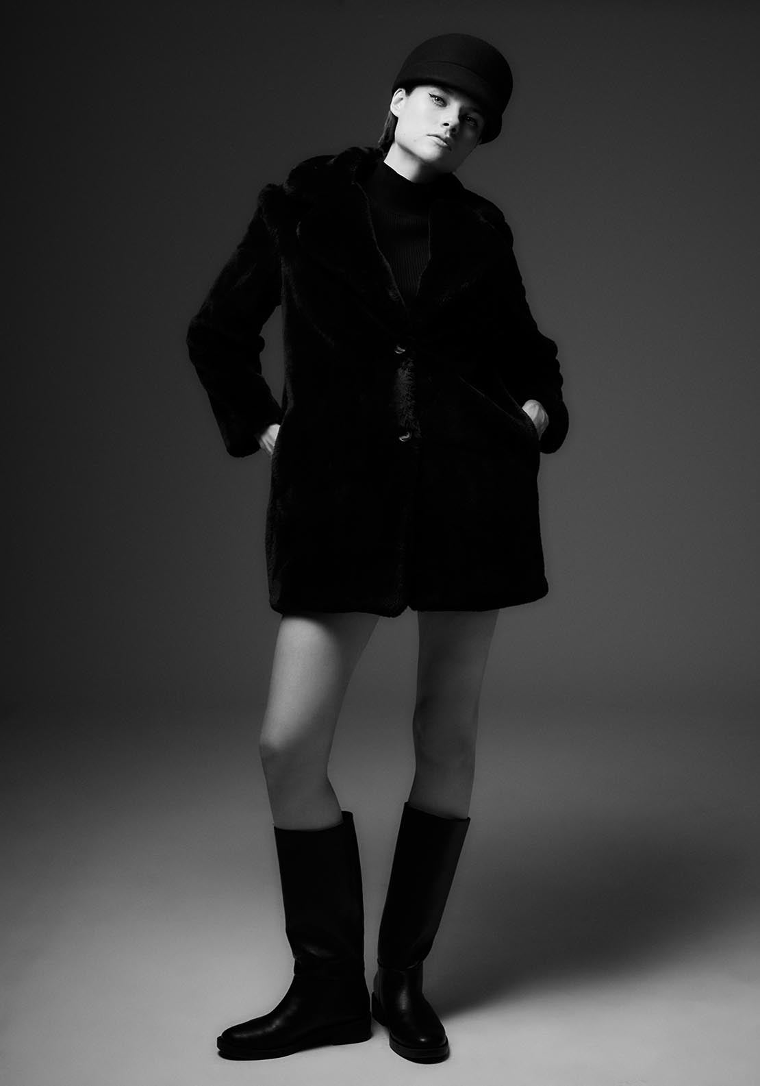 Sfera Lapel collar fur coat - Black 1 Shaws Department Stores