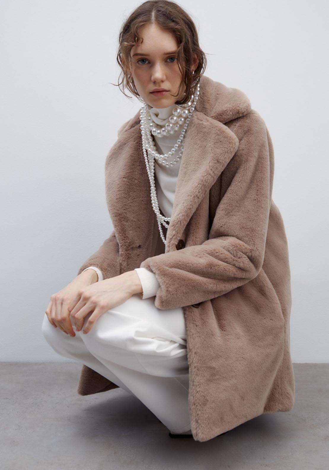 Sfera Lapel collar fur coat - Taupe 2 Shaws Department Stores