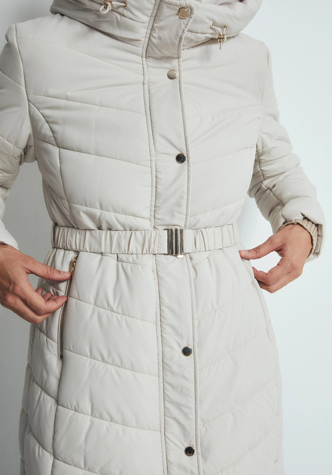 Long Belted Hooded Parka - White Ice