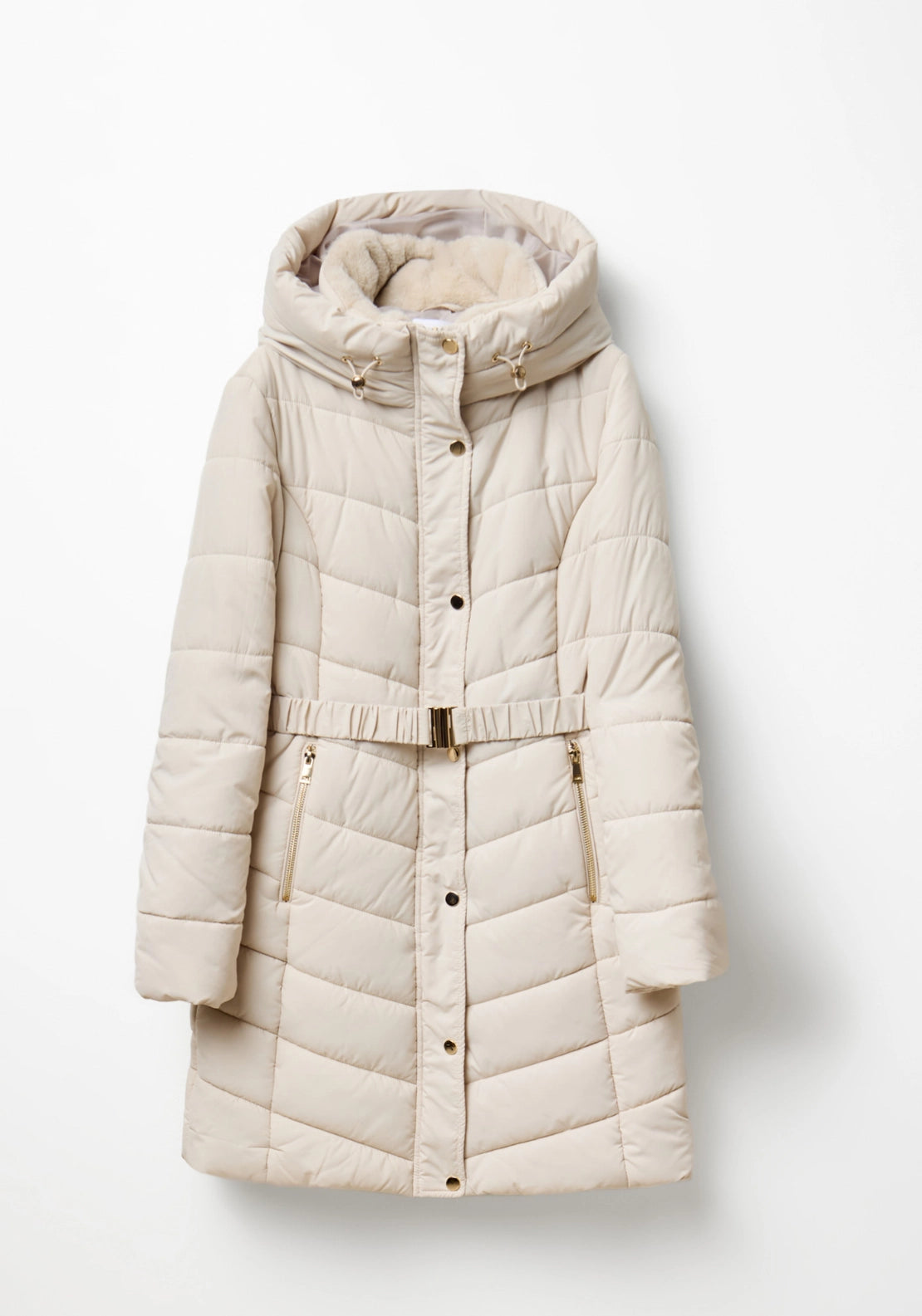 Long Belted Hooded Parka - White Ice