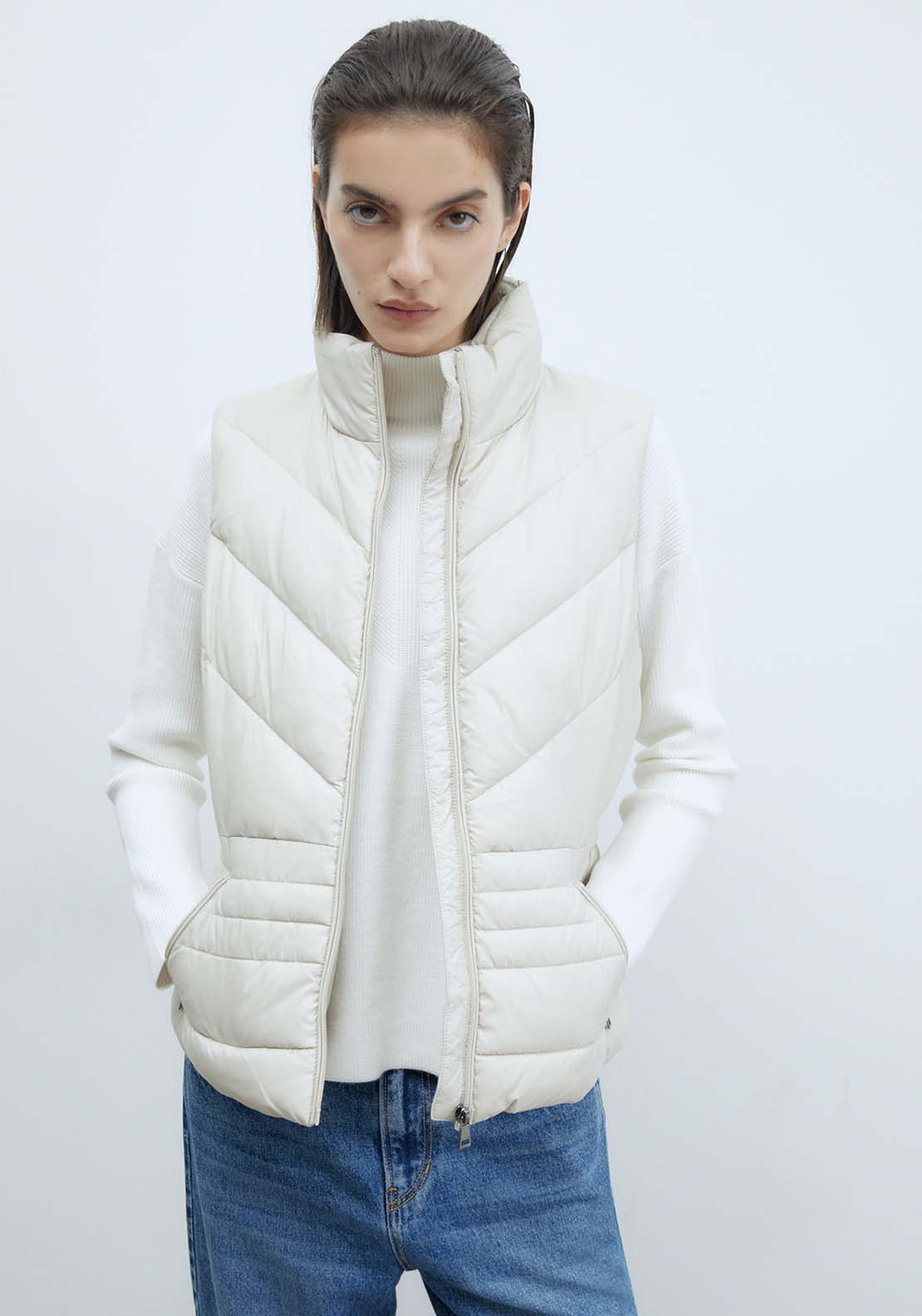 Sfera Plain Short Gilet - Ecru 1 Shaws Department Stores