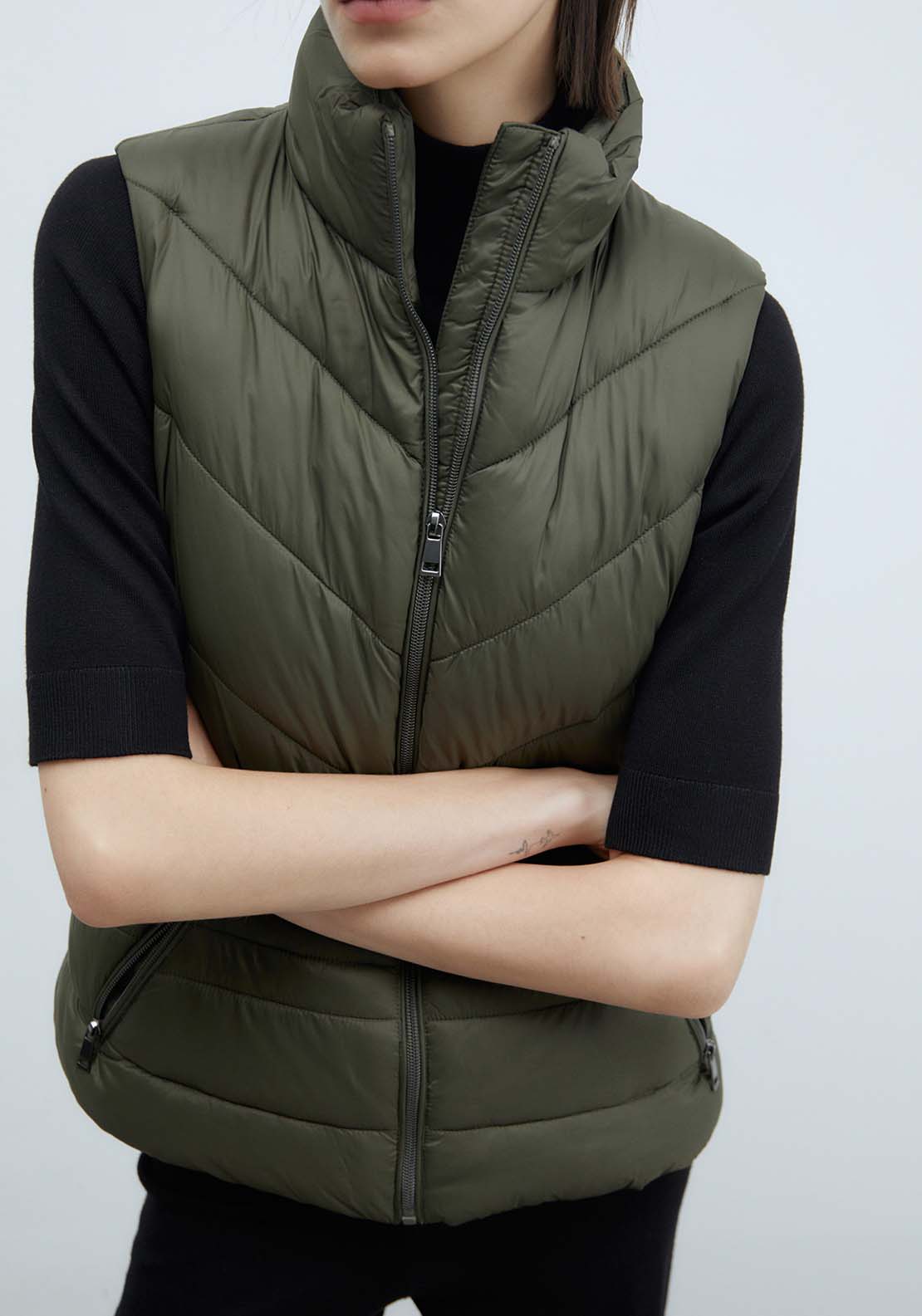 Sfera Plain Short Gilet - Khaki Green 1 Shaws Department Stores
