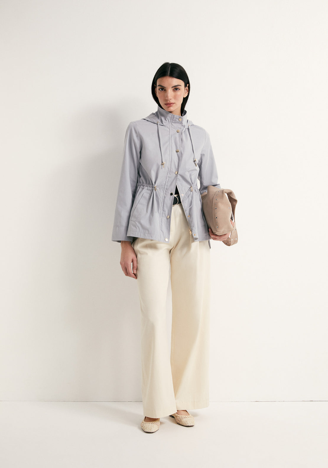 Curved Hem Drawstring Parka -Light Grey - Grey