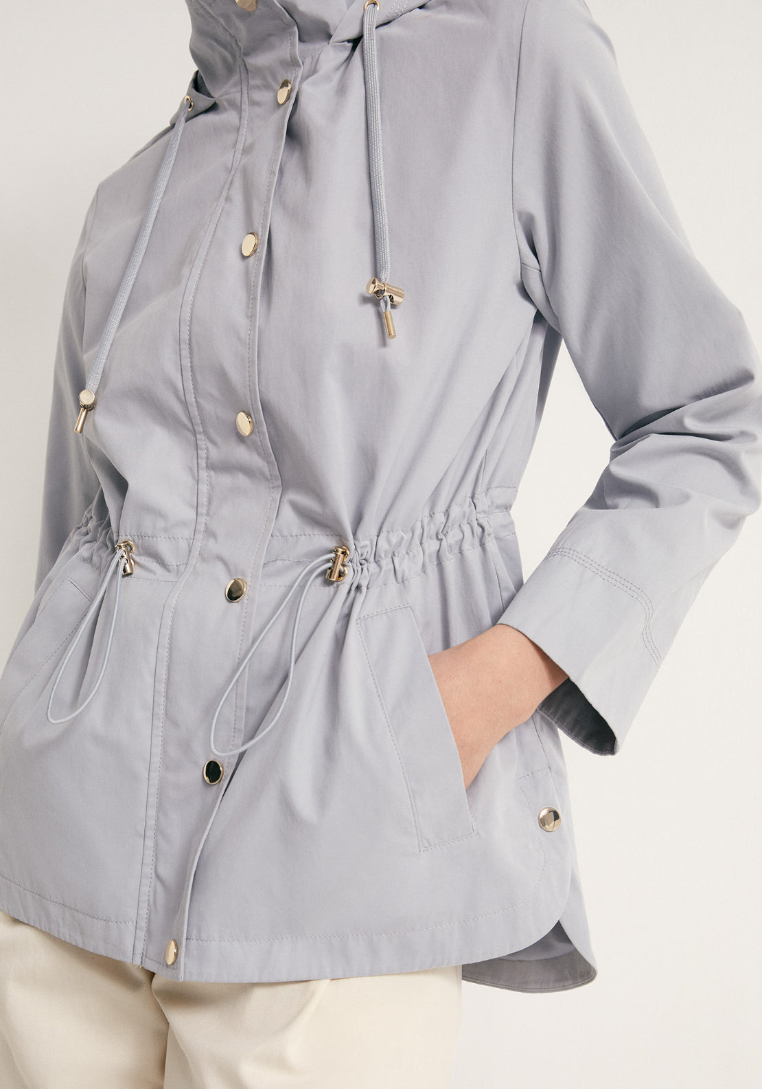 Curved Hem Drawstring Parka -Light Grey - Grey
