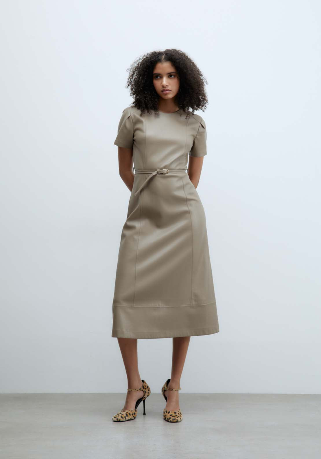 Sfera Faux leather midi dress - Taupe 2 Shaws Department Stores
