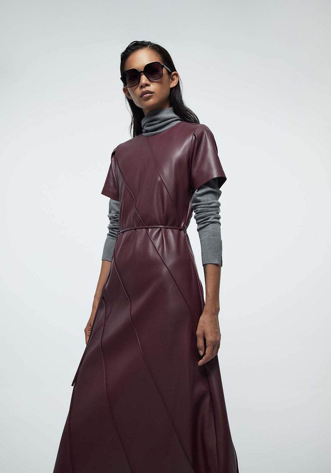 Faux Leather Belted Dress