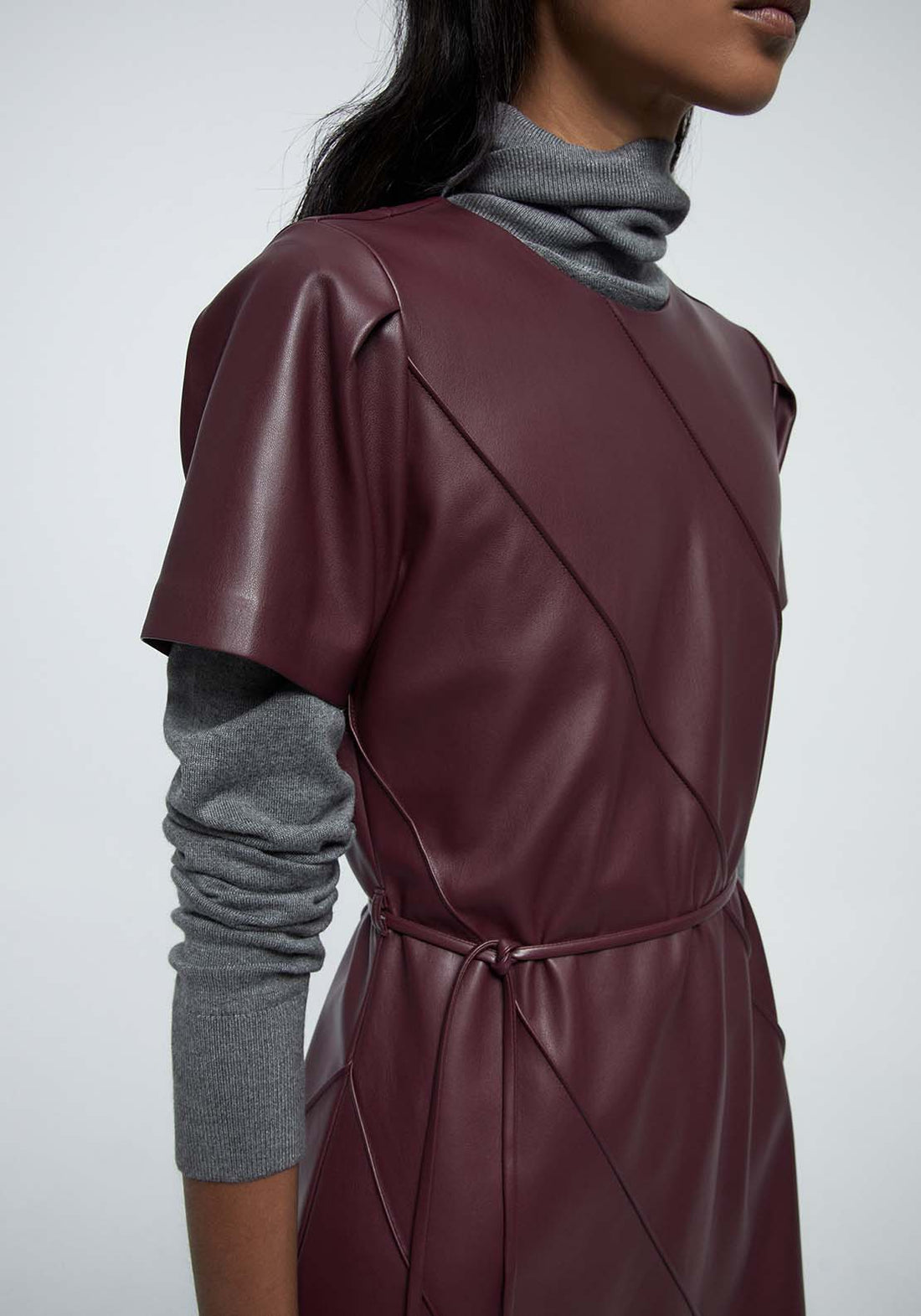 Faux Leather Belted Dress - Red Shaws Faux Leather Belted Dress - Red Shaws