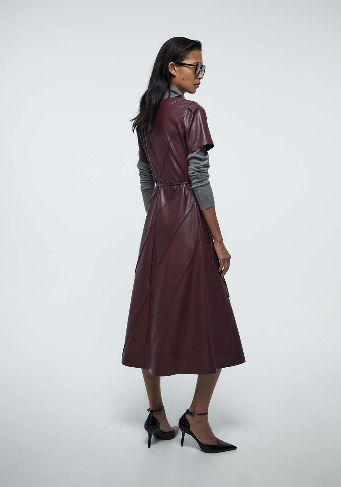 Faux Leather Belted Dress - Red Shaws Faux Leather Belted Dress - Red Shaws