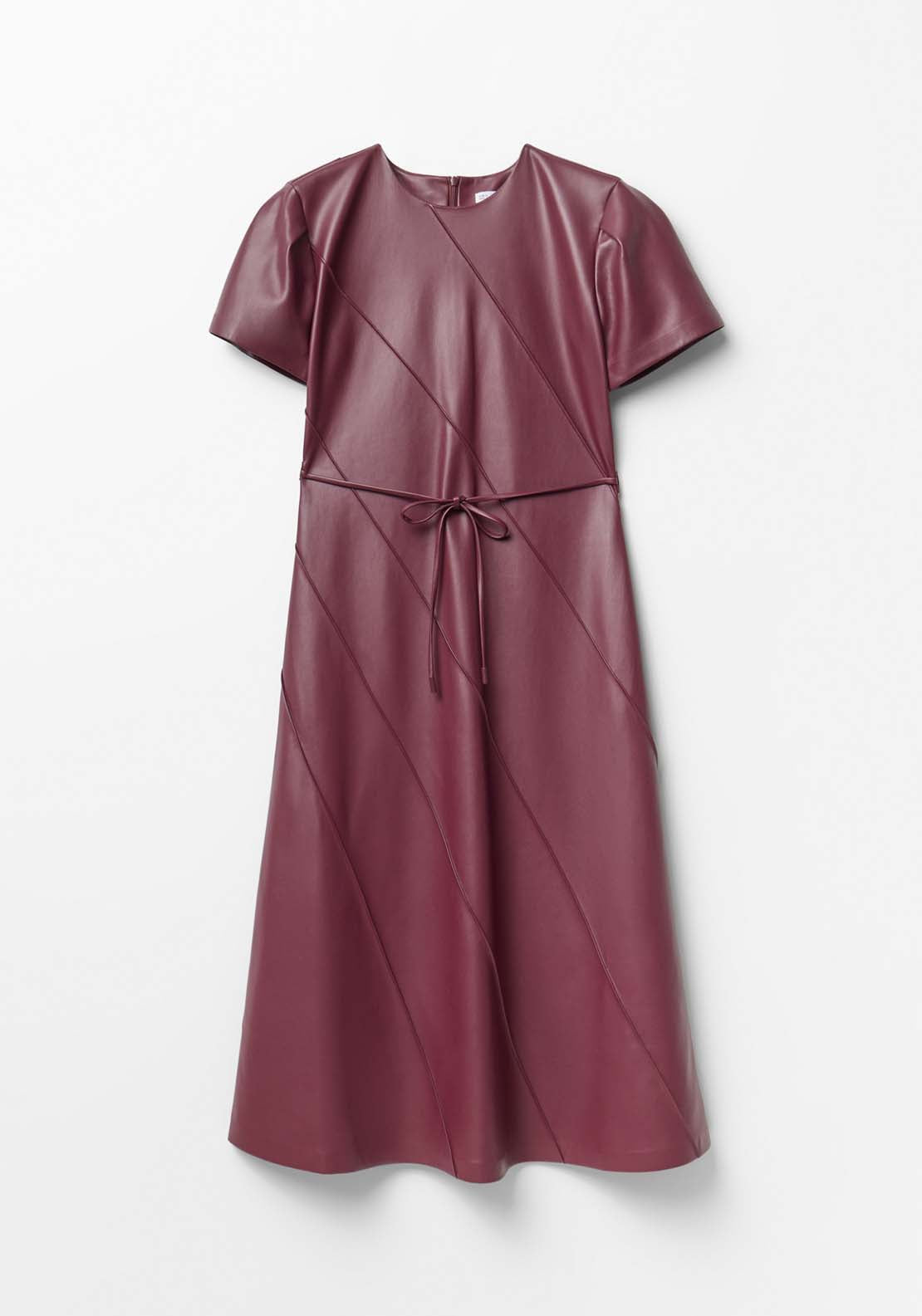 Faux Leather Belted Dress - Red