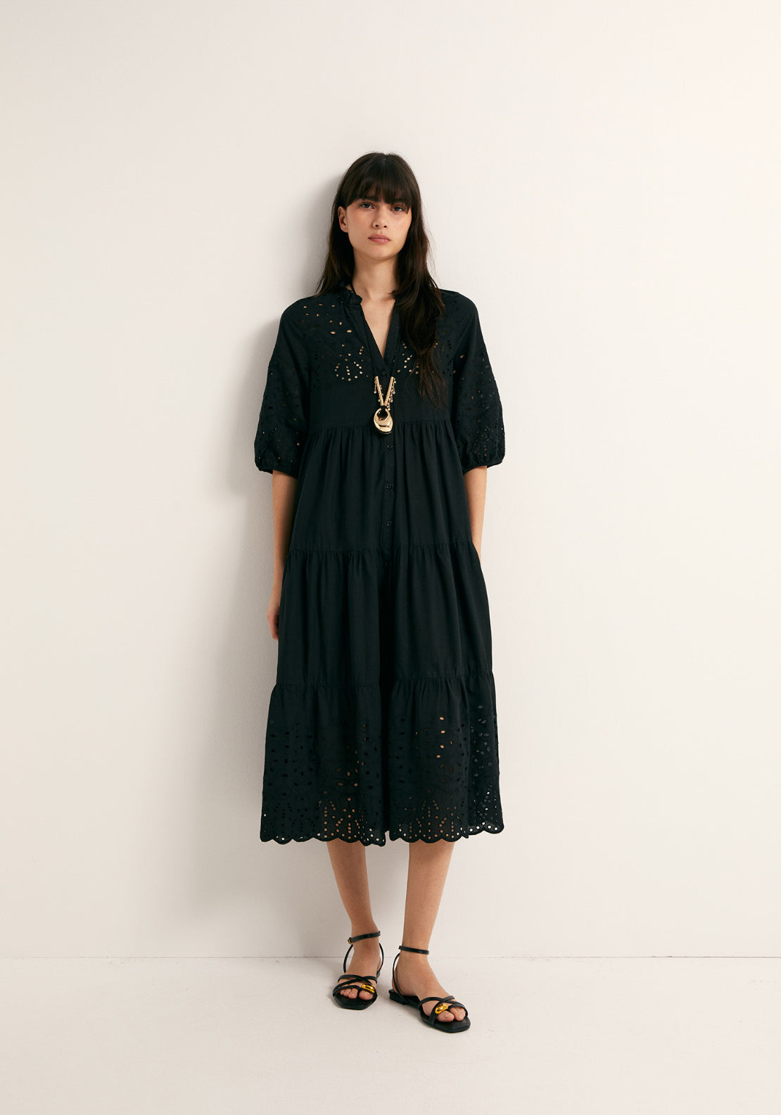 Cotton Schiffli Shirt Dress - Black