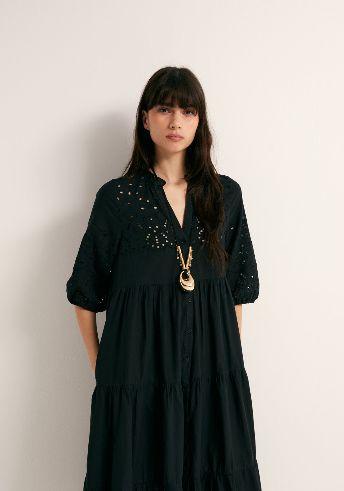 Cotton Schiffli Shirt Dress - Black