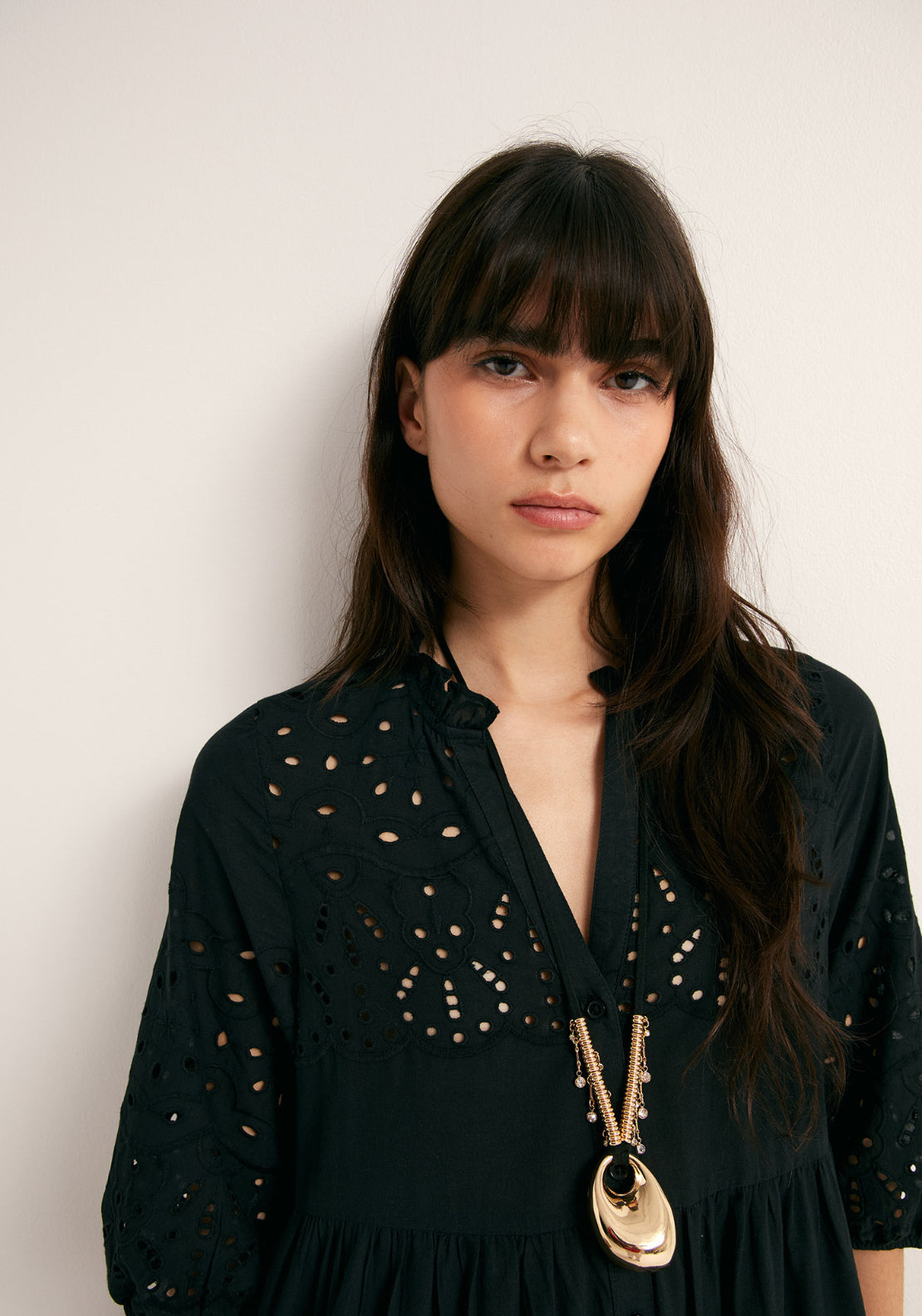 Cotton Schiffli Shirt Dress - Black