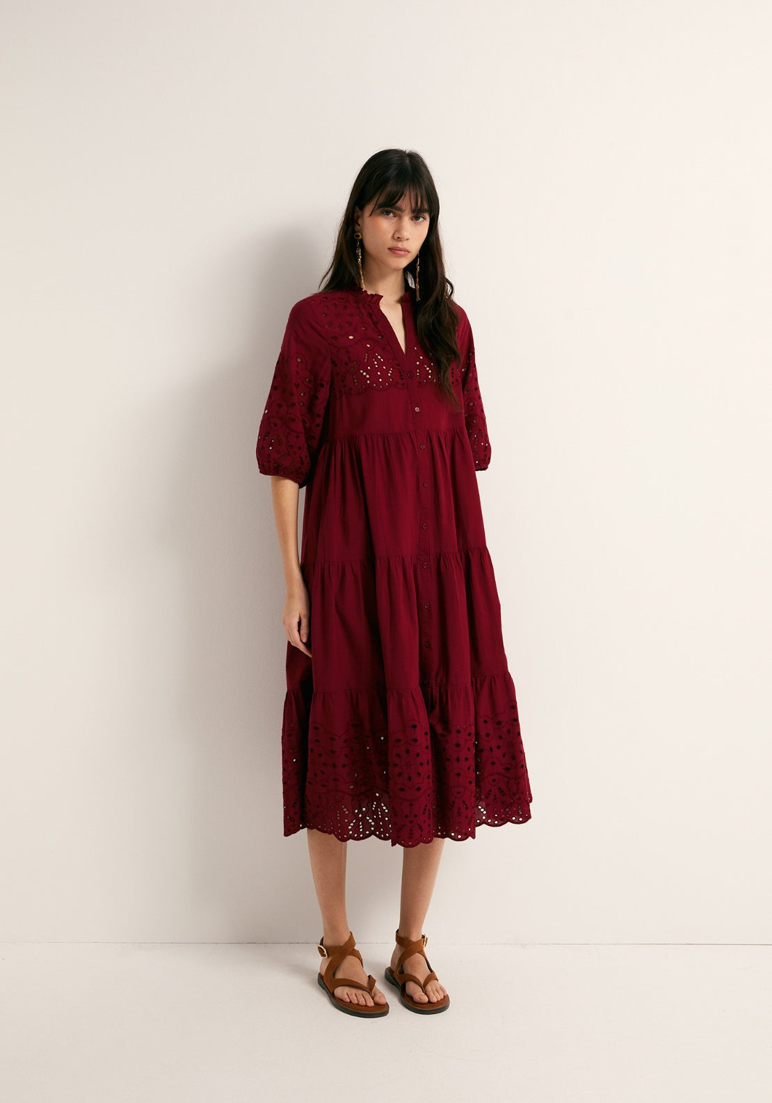 Cotton Schiffli Shirt Dress - Red