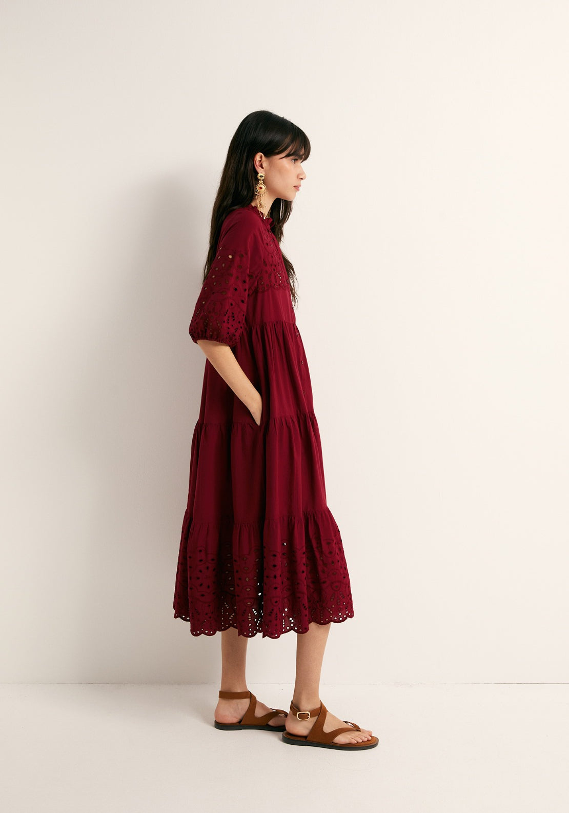 Cotton Schiffli Shirt Dress - Red