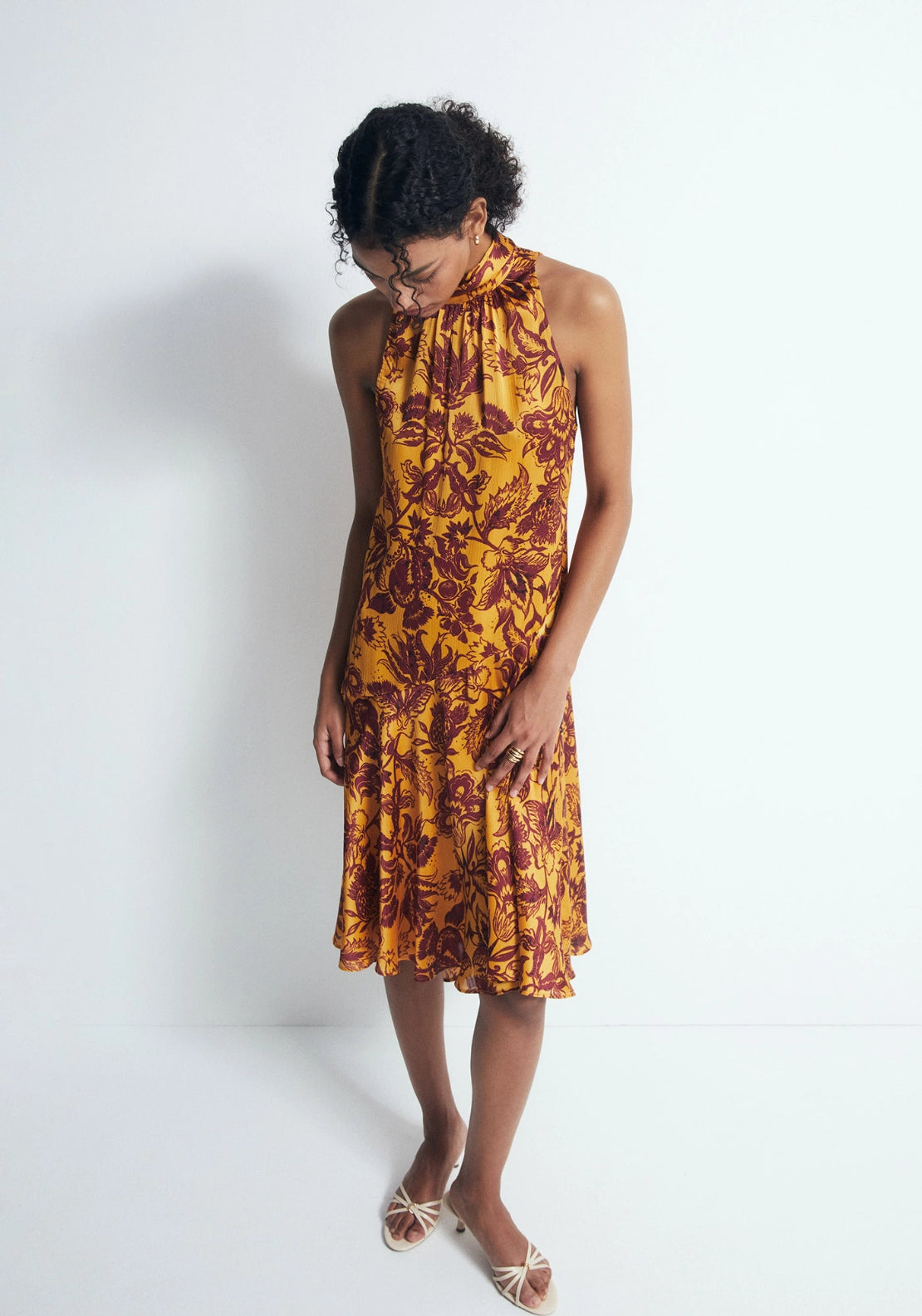 Printed Halterneck Dress - Yellow