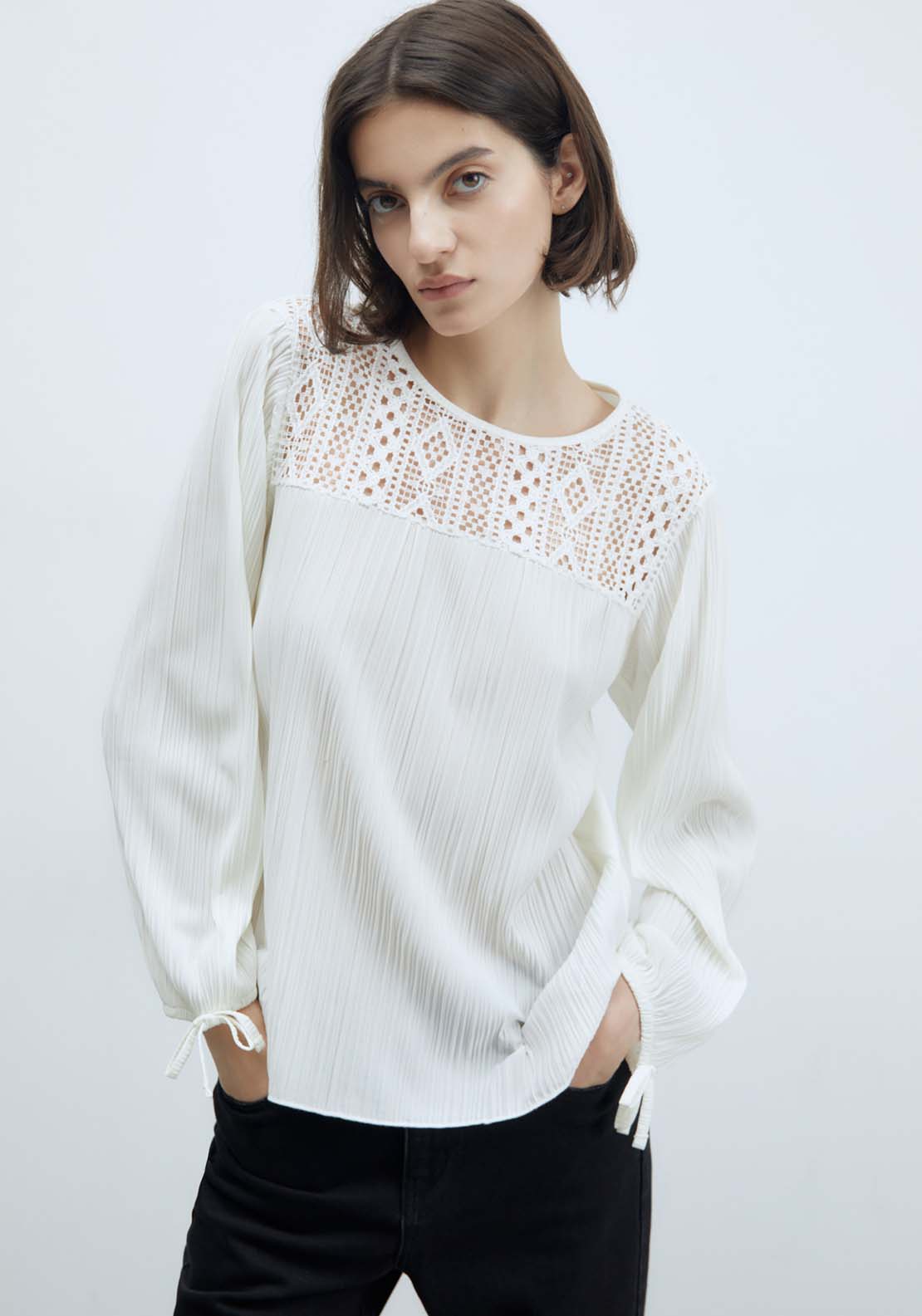Sfera Pleated Romantic Long-Sleeved Top - White 1 Shaws Department Stores